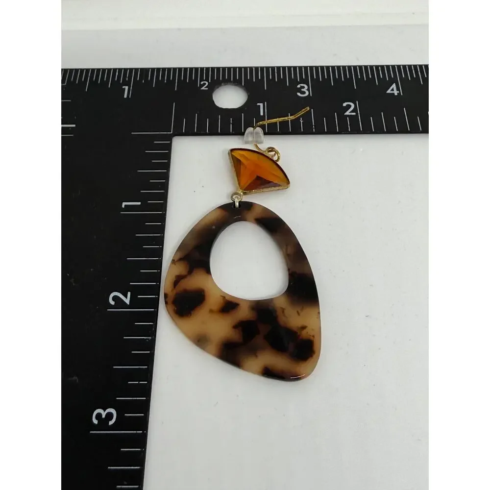 Tortoise Shell Amber Resin Dangle Earrings Geometric Statement Goldtone Boho Mod